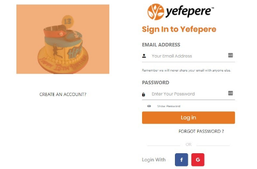 Yefepere Login Page